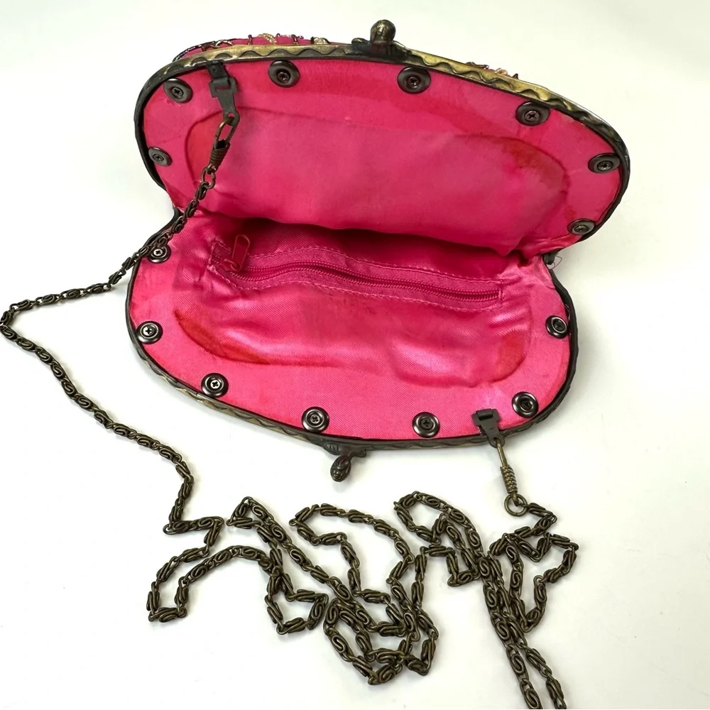Vintage Pink Beaded Evening Bag Gold Frame Chain Strap Art Deco Glam - Picture 6 of 8